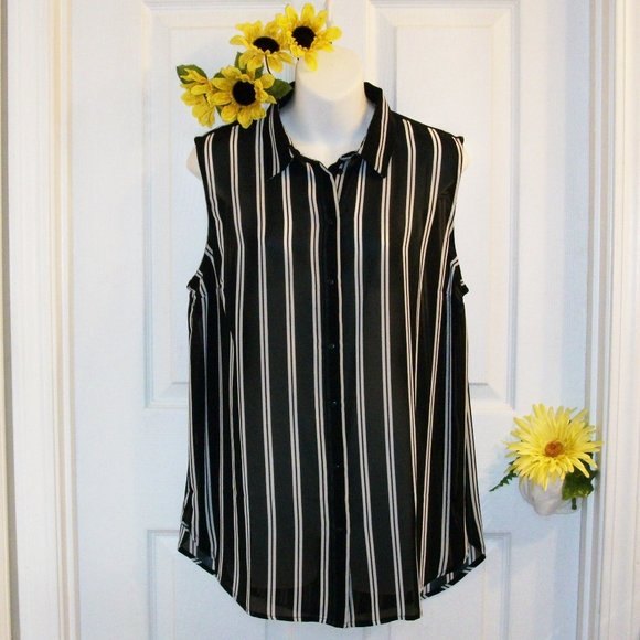 H&M Tops - H&M Sheer Button Down Shirt Black White Stripe NWT